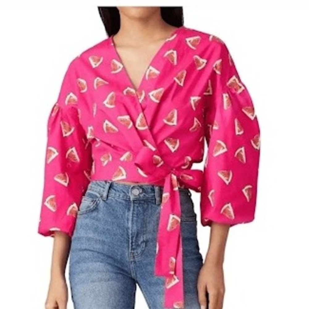 Color Me Courtney Emily Watermelon Print Wrap‎ Blouse Top Pink Size S